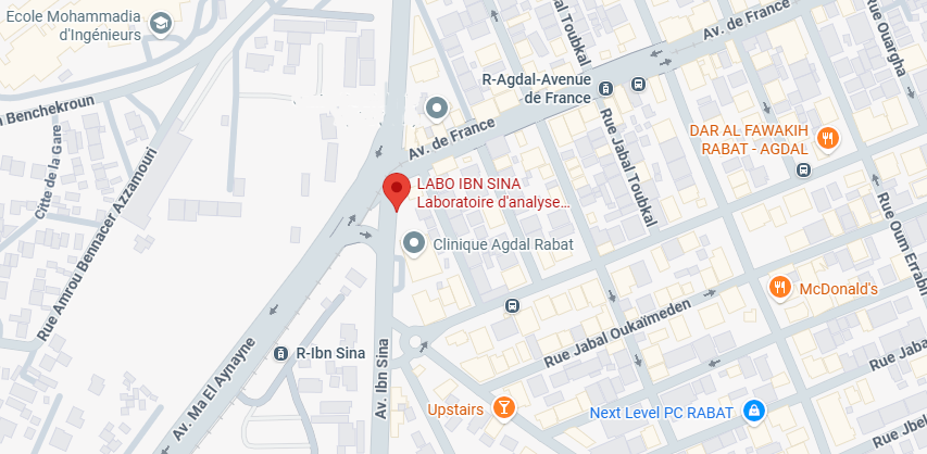 Plan d'accès : Laboratoire IBNSINA, 39 avenue Ibn Sina, Agdal, Rabat, à côté de la Clinique Agdal